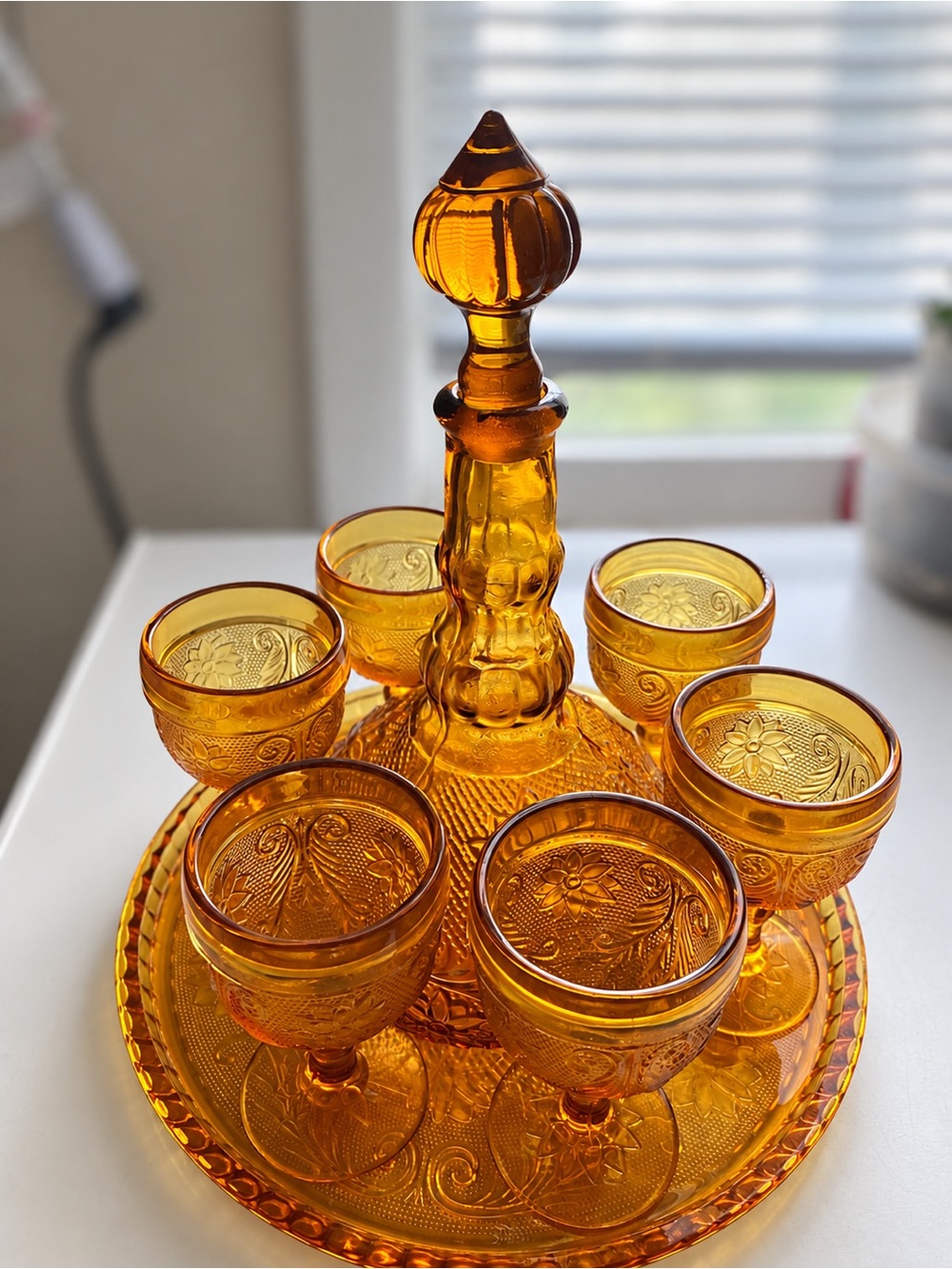 Vintage Tiara Amber Sandwich Decanter Barware Set